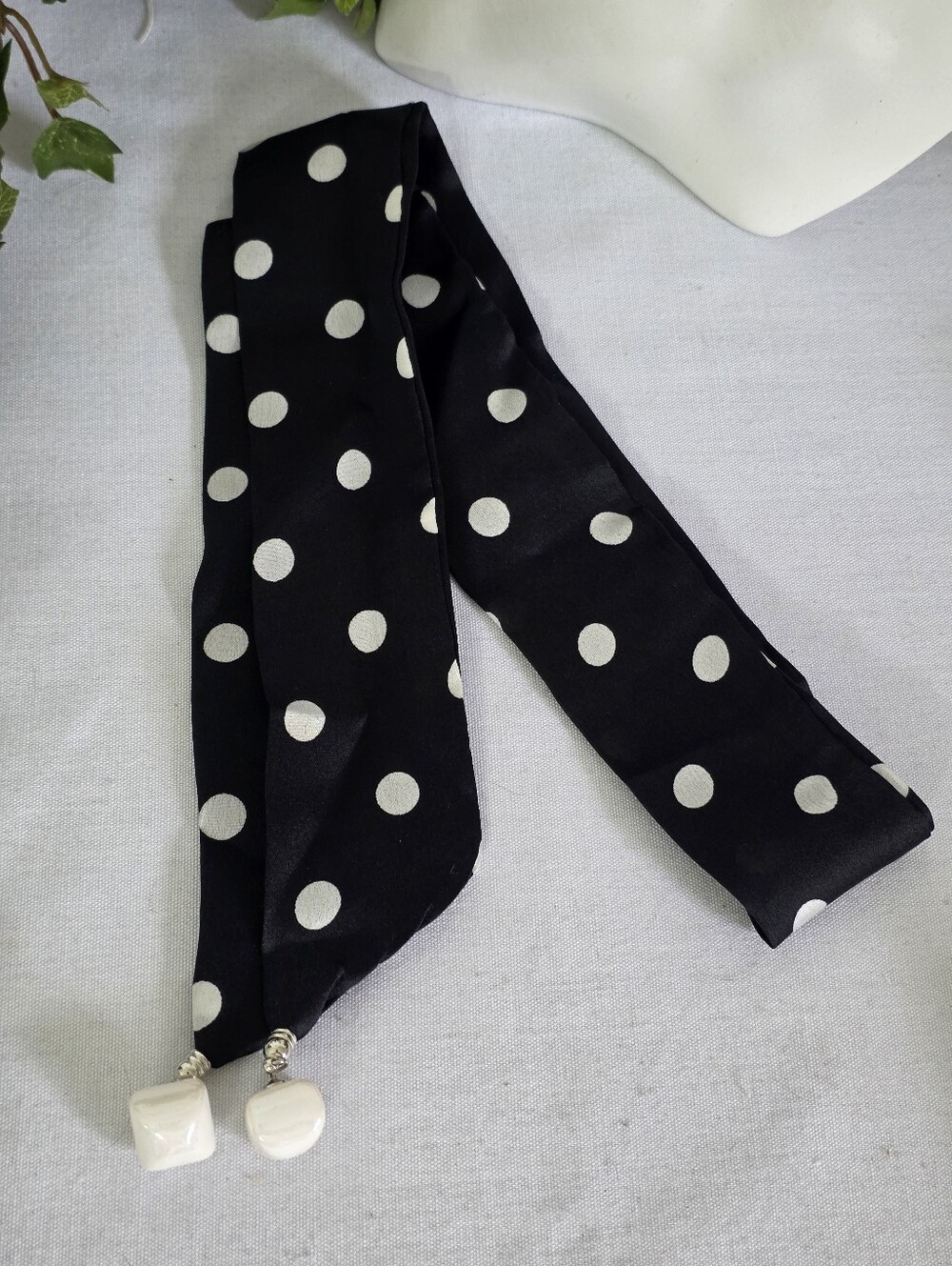 Black and White Polka Dot Skinny Neck Scarf with Charm Details